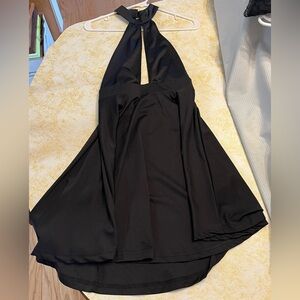 Backless Plunge Halter Black Dress